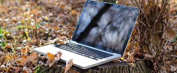 aufgeklappter Laptop liegend im Gras
