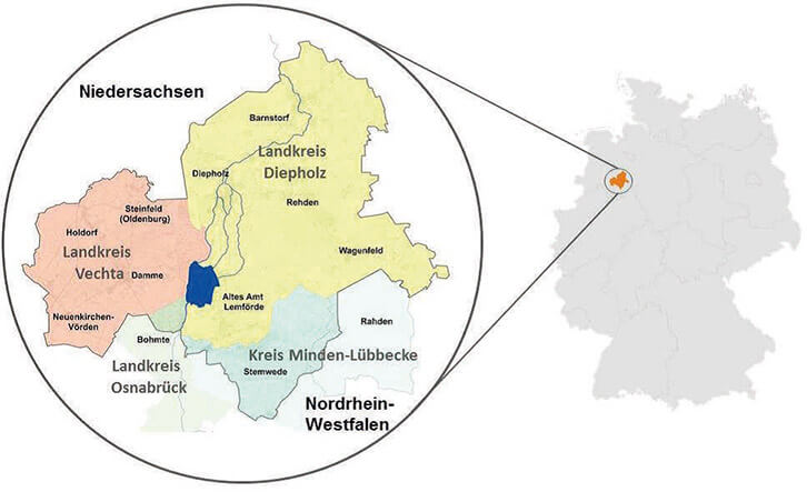 Lagekarte Naturpark Dümmer in Niedersachsen, Deutschland. Landkreise Diepholz, Vechta, Minden-Lübbecke und Osnabrück im Fokus.